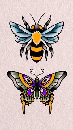 three different colored butterflies on white paper with black and yellow wings, one in the center