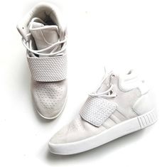 Adidas Women's Tubular Invader Strap J Hi Top Shoes With Ortholite Insole Insert For Comfort. Lace Up With Invader Strap To Cover Laces. Suede Brand New, Display Model, Minimal Cosmetic Wear. Please See The Pictures For Details. Color Is An Off-White Size: 5.5 Us 5 Uk Hi-Top: 5" Inches See Pictures For Details If You Have Any Questions, Send Me A Message See Anything Else In My Closet And Add It To Your Bundle. The Items Will All Ship Together At One Shipping Cost. Same Day Shipping When Possibl White High-top Sneakers With Textured Sole For Sports, Urban White Custom Sneakers With Textured Sole, Urban White High-top Sneakers With Textured Sole, Adidas White High-top Sneakers With Rubber Sole, White Synthetic High-top Sneakers With Textured Sole, White High-top Synthetic Sneakers With Textured Sole, Adidas High-top Sneakers With Speckled Midsole, Sports High-top Slip-on Sneakers With Speckled Midsole, Adidas High-top Sneakers With Textured Sole