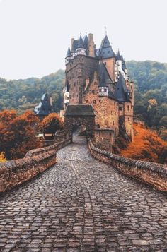 an old castle is shown in the middle of a cobblestone road that leads to it's entrance