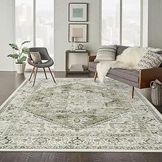 a living room filled with furniture and a rug on top of a hard wood floor