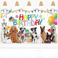 a group of dogs standing in front of a birthday banner