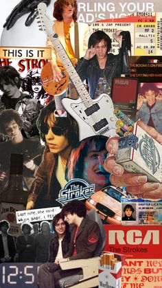 a collage of various images with people and guitars