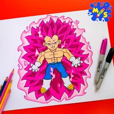 a drawing of gohan from dragon ball is on the table next to markers and pens