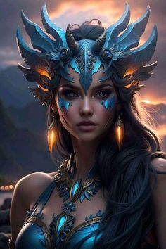 a beautiful woman with blue makeup and wings on her face, wearing gold earrings in front of the sky