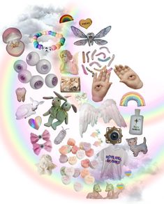 a collage of various items and symbols arranged in the shape of a rainbow