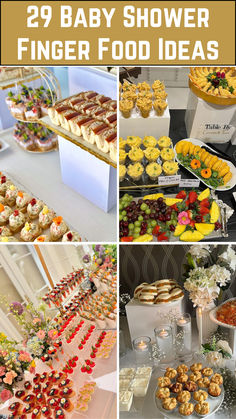 A colorful spread of baby shower finger foods, featuring mini sandwiches, vegetable skewers, fruit cups, and bite-sized pastries arranged beautifully on platters. Baby Shower Sides Dishes, Finger Food Gender Reveal, Baby Shower Easy Food, Baby Shower Food Display Ideas, Food For Baby Shower Ideas Appetizers, Brunch Ideas Baby Shower Breakfast, Baby Themed Food, Girl Baby Shower Food Ideas, Afternoon Baby Shower Food Ideas