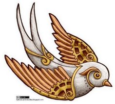 a drawing of a bird with wings and gold accents on it's back legs