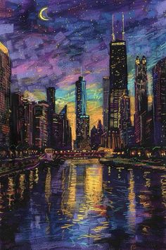 a painting of a city skyline at night