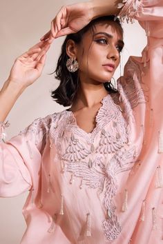 Pink short boxy kaftan with phoenix-inspired motifs, pearl-infused tassel embellishments. Comes with solid dhoti pant. - Aza Fashions Kaftan And Pants, Pink Kaftan, Kaftan Set, Kaftan Pattern, Sharara Gharara, Nyc Studio, Dhoti Pants, Soho Nyc, Indian Couture