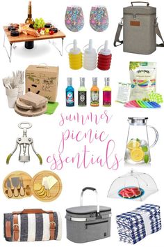 some picnic essentials are on display with the words summer picnic essentials above them