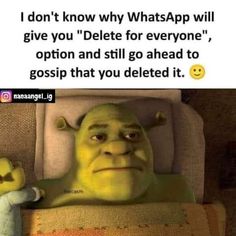 an image of a cartoon character with text that reads, i don't know why whatsapp will give you delete for everyone, option and still go ahead to go to gossip that you delivered it