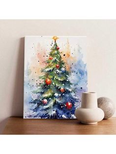 a painting of a christmas tree on a shelf next to a white vase and ball