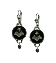 "Channel your inner goth with our shadow box bat earrings! A silver bat flying off into the night with a star above and painted black background gives it a wonderful dimensional effect and is encased in hand poured resin and the little jet bead adds a touch of glamour! MADE IN THE USA Features: *Shadow Box Charm measures approx .75\" round *Glass Bead measures approx .25\" by .25\" round *Hypoallergenic *Nickel Free Rhodium plated lever back earrings *High quality construction  *Free domestic shipping  *Ships within 2-3 business days *We offer a return policy within 10 business days-please contact us at info@classichardware.com" Goth Jewelry Earrings, Gothic Hypoallergenic Dangle Jewelry, Vampire Style Dangle Earrings, Bat Hoop Earrings, Black Bat Jewelry, Earrings Goth, Bat Flying, Goth Things, Goth Earrings