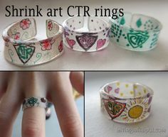 three different pictures of rings with designs on them and the words shrink art ctr rings