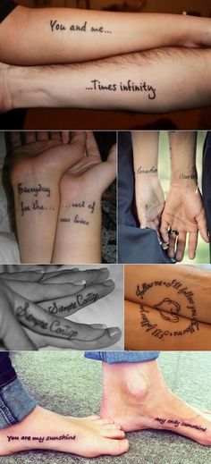 many different tattoos on people's legs with words written in the middle and below them