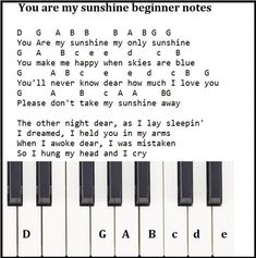 a sheet with the words you are my sunshine beginner notes on it and an image of piano keys