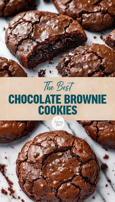 the best chocolate brownie cookies on a marble surface with text overlay that reads, the best chocolate brownie cookies