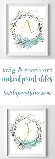 two framed monogrammed wall art with the letter a and an initial on it