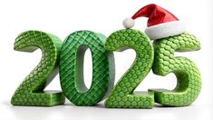 a green snake skin new year sign with a santa hat on it's head