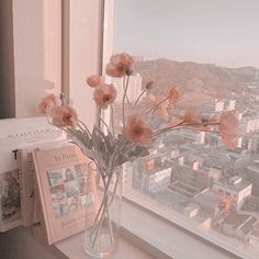 a vase filled with flowers sitting on top of a window sill next to a book