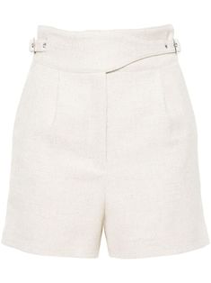 light beige cotton-linen blend textured finish adjustable waist strap pleat detailing two side slash pockets two rear welt pockets full lining concealed front button, hook and zip fastening Cream High-waisted Shorts For Work, Chic Beige Shorts With Belt Loops, Cream Linen Shorts, Versace Outfit, Yoko London, Airport Fashion, Waist Strap, Ski Wear, Ballet Flat Shoes