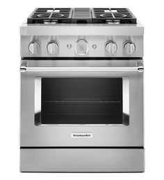 a stainless steel oven with four burners on the front and two side doors open