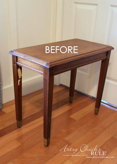 a wooden table with the words before painted on it