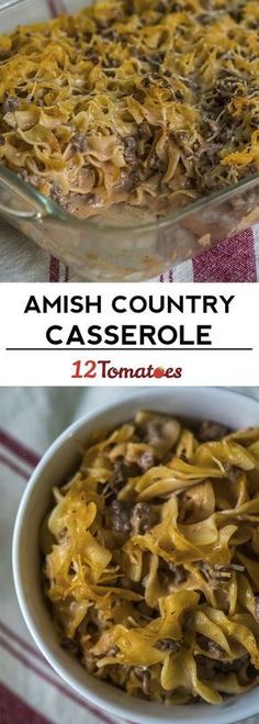 an image of a casserole dish with cheese on top and another photo of the casserole