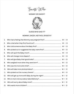 a printable guess game with answers for the baby's name and other words