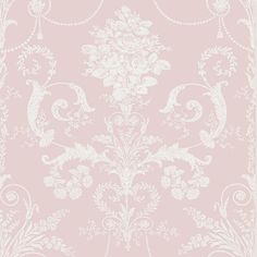 a pink and white wallpaper with an ornate design on the bottom half of it