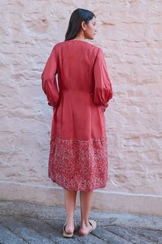 Brick red dress with placed handblock printed floral patterns with box pleated detail. Comes with inner slip. - Aza Fashions Box Pleated Dress, Box Pleats, Brick Red, Floral Patterns, Dress For Women, Pleated Dress, Aza Fashion, Red Dress, Floral Pattern