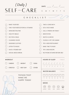 Digital daily self-care checklist reuse every day! This downloadable PDF will help you stay on top of your mental, physical and emotional health. These short daily exercises will assist in a balanced lifestyle and reduce stress! Tailored to personal needs, a self-care checklist serves as a gentle reminder to nurture yourself amidst life's demands. Self Care Day Checklist, Self Care Plan, Reset Routine, Before Bed Workout, Daily Self Care, Weekly Journal, Daily Exercises, Self Care Checklist, Teen Skincare