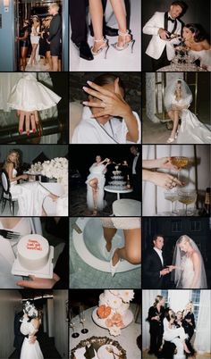 a collage of wedding pictures with bride and groom cutting the cake at their reception