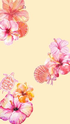 pink flowers and seashells on a yellow background