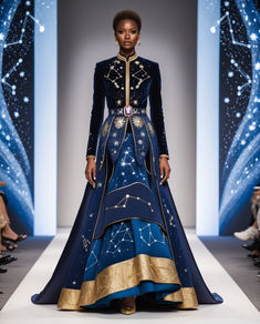 a woman in a blue and gold gown on the runway at a fashion show with stars