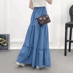 90cm Length Denim Tiered Maxi Skirt Casual High Waisted – qinobox Maxi Skirt Spring, Fitted Midi Skirt, Skirt With Elastic Waistband, High Waist Long Skirt, High Waisted Denim Skirt, Tiered Maxi Skirt, Denim Maxi, Denim Maxi Skirt, Long Maxi Skirts