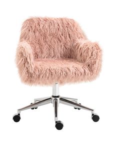 a pink chair with wheels on it and a furry seat cover over the back of it