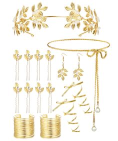 PRICES MAY VARY. SURPRISE GREEK GODDESS COSTUME: You will receive 1 piece of leaf crown, 2 pieces of leaf armbands, 1 pair of leaf earrings, 1 piece of gold belt, 1 piece of leg wrap, and 8 piece of hair clips; Elegant accessories can meet your wedding and cosplay needs. GREEK GODDESS ACCESSORIES: These hairpieces, earring, coil bracelets are all designed with laurel leaves shape, easy to match well with Greek style clothing; The gold waist belt and leg wraps can match your robe and shoes, to sh Gold Bridal Sets For Party, Adjustable Gold Jewelry For Bridal Shower, Gold Hair Accessories For Wedding, Gold Adjustable Bridal Accessories, Adjustable Elegant Wedding Sets, Elegant Adjustable Wedding Sets, Ancient Greece Costume, Goddess Costume Accessories, Greek Goddess Crown