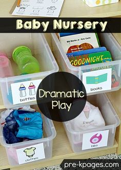 baby nursery bookshelf with plastic bins and labels for dramatic play