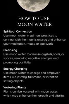 how to use moon water Moon Water Properties, Witchcraft Moon Water, What Does Moon Water Do, Moonwater Spells, What To Use Moon Water For, Cold Full Moon Ritual, Ways To Use Moon Water, Super Moon Water, New Moon Water Uses