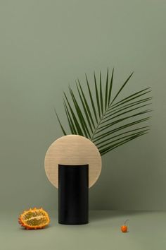 an orange sitting on top of a table next to a vase with a plant in it