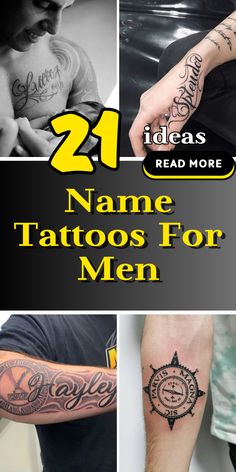 many different tattoos for men with the words, names and numbers on them in black and white