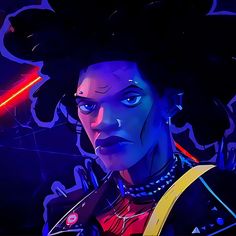 a digital painting of a woman with dark hair and piercings on her face, in front of a neon background