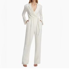 Enhance Your Wardrobe With The Stylish Macie Jumpsuit. This Belted One-Piece Features Collared Notched Lapels And Full Pants, Perfect For Transitioning From Desk To Dinner In Sophisticated Sophistication. Feel Confident In Your Look All Day Long. Details Hiddern Zipper On Side Fabric: Drapey Crepe Straight Leg Belted Detail Full Length Line Drawn Through The Name To Prevent Store Returns. All Items Were Purchased As Final Sale Merchandise. If You Need Additional Information Or Pictures Please As Elegant White Long Sleeve Jumpsuit, White Long Sleeve Jumpsuits For Evening, White Long Sleeve Jumpsuits And Rompers For Evening, Elegant White V-neck Jumpsuit, White Long Sleeve Evening Pantsuit, White V-neck Pantsuit For Party, White Fitted Formal Jumpsuits And Rompers, White Fitted Jumpsuit For Formal Occasions, White Fitted Jumpsuits And Rompers For Formal Occasions