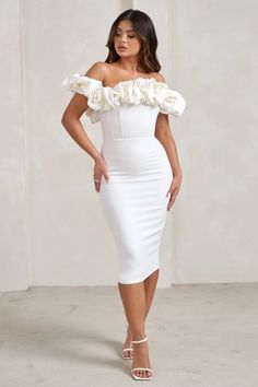 Make an elegant entrance at that upcoming wedding in our eye-catching Estie midi dress. Crafted from a white crepe that's both luxurious and sculpting. this bodycon dress boasts a statement Bardot neckline with a voluminous puff trim that wraps into draped sleeves. Complement Estie's classic design with diamond earrings and strappy silver heels.Features- Premium stretch crepe- Bardot neckline - Statement puff trim- Off-shoulder sleeves- Bodycon fit- Invisible zip closure- Split hemline- Midi len White Dress For Graduation Ceremony, Night Editorial, Elegant Entrance, Ceremony Outfit, Midi Bridesmaid Dress, Bardot Midi Dress, Draped Sleeves, Bardot Neckline, Purple Midi Dress