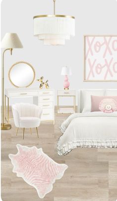 a bedroom with white furniture and pink accents on the walls, along with an animal print rug