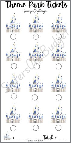 the disneyland theme park ticket is shown in blue and yellow with white castle silhouettes