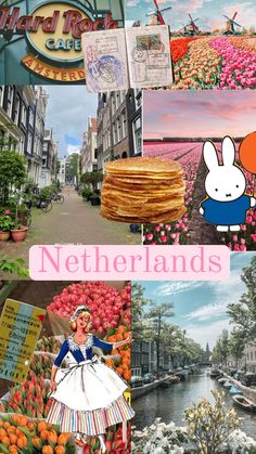 a collage of photos with the words netherlands in pink and white