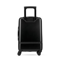 a black suitcase with wheels and handle