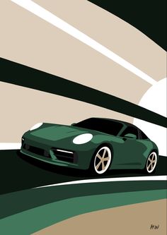 a green sports car driving down the road in front of a white and black background